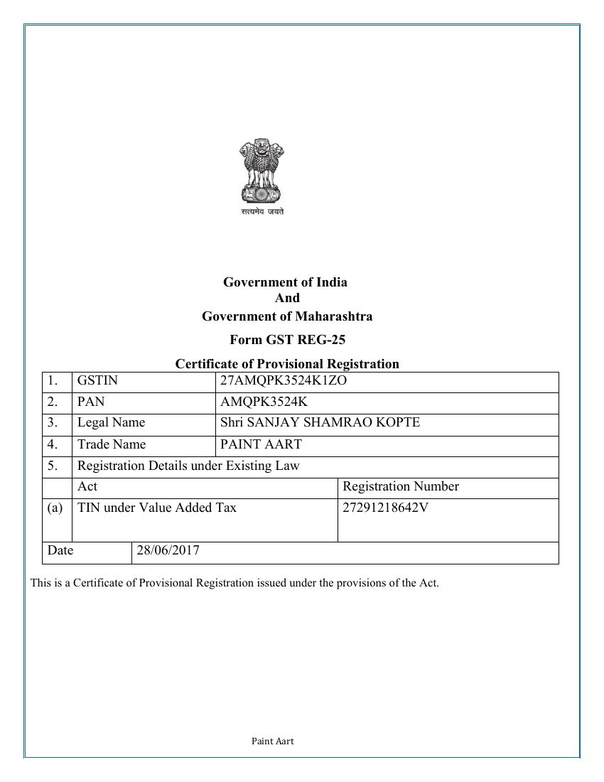 Paint Aart GST registration document