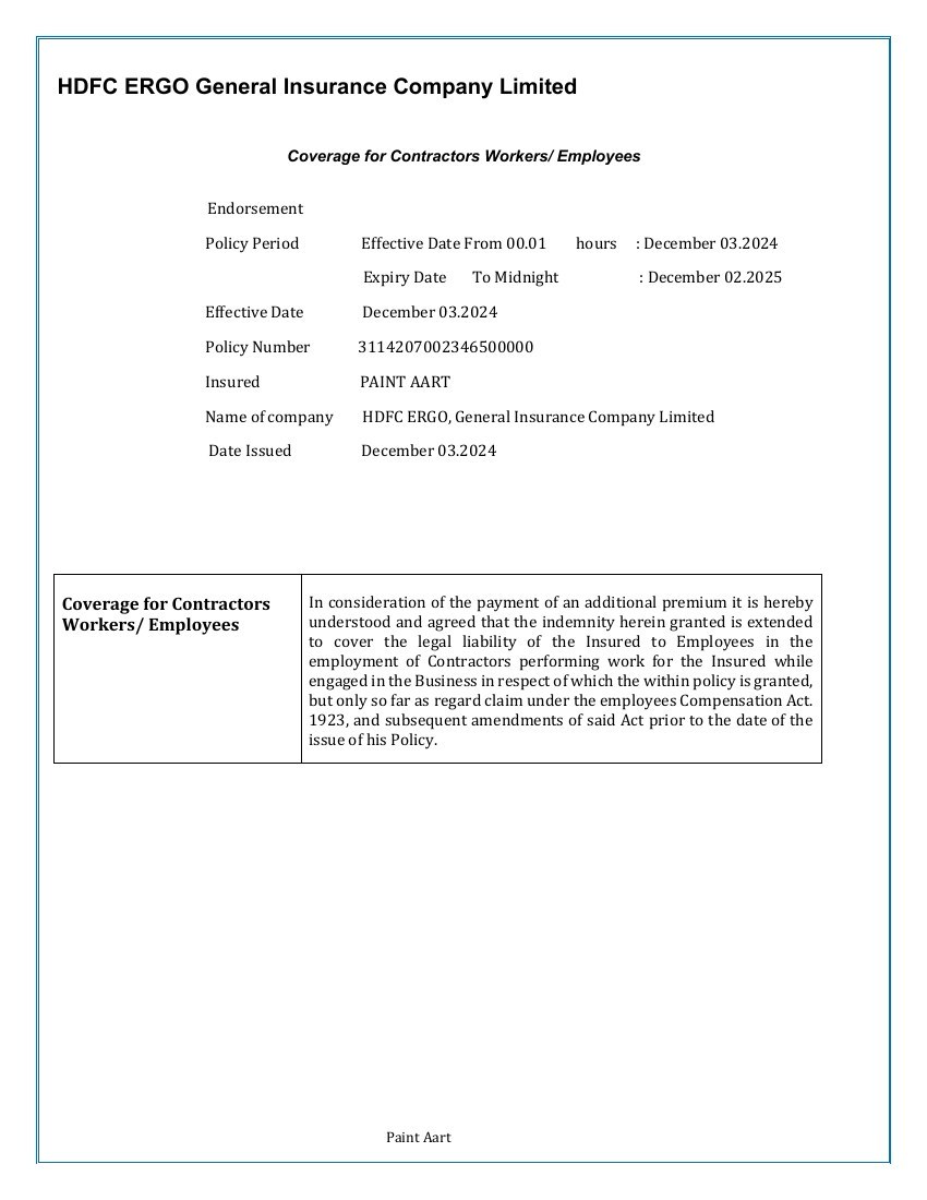 Paint Aart HDFC ERGO contractor workers insurance document